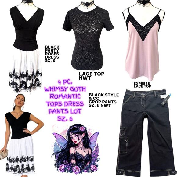 Y2K WHIMSY GOTH ROMANTIC BLACK ROSES DRESS TOP PANTS BUNDLE S. 6 NWT/EUC - Picture 1 of 7